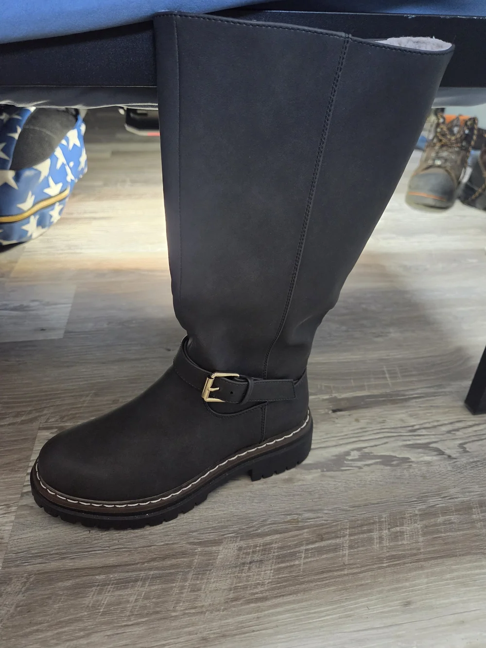 Black Faux-Shearling Tall Winter Boots with Buckle Detail